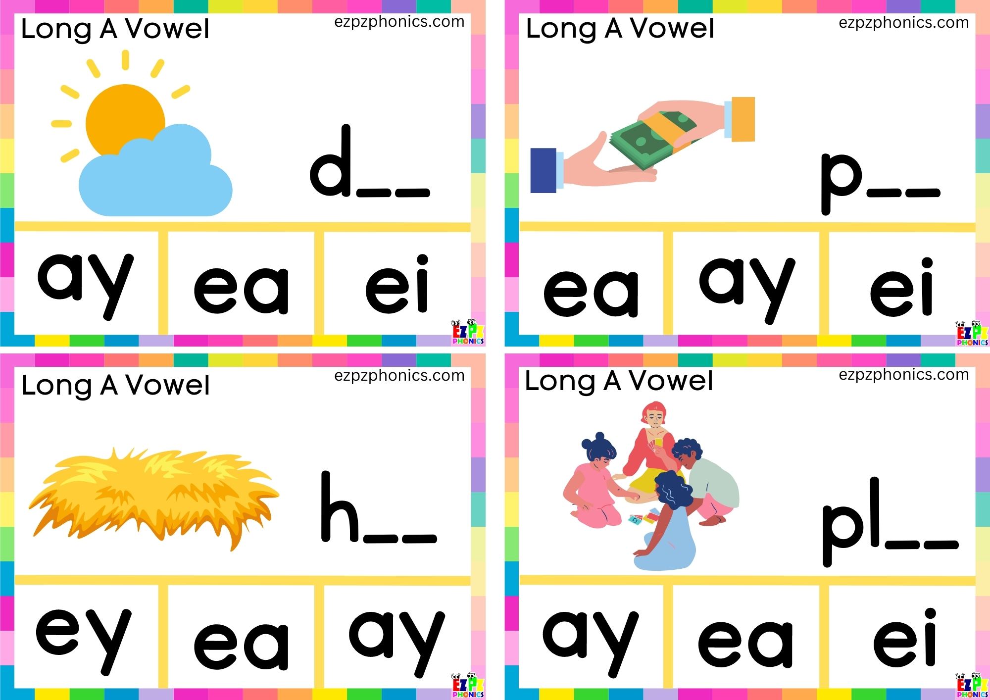 Finish the word and clip the correct letters Clip cards for long a vowel ay words group 1